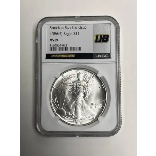 1986 (S) Eagle S$1 MS69 Struck at San Francisco ULTRABREAKS NGC