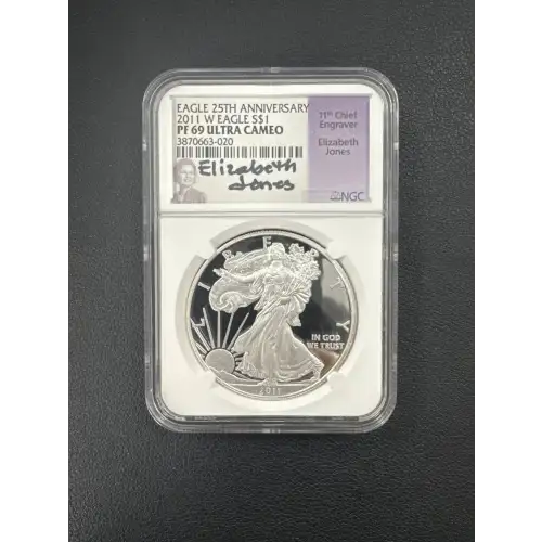 2011 W S$1 SILVER EAGLE PF69 UC EAGLE 25TH ANNIVERSARY NGC ENGRAVED BY THE 11TH CHIEF ENGRAVER ELIZABETH JONES