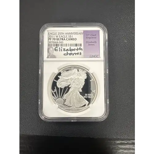 2011 W S$1 SILVER EAGLE PF70 UC EAGLE 25TH ANNIVERSARY NGC ENGRAVED BY THE 11TH CHIEF ENGRAVER ELIZABETH JONES