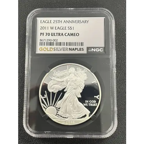 2011 W S$1 SILVER EAGLE PF70 UC EAGLE 25TH ANNIVERSARY NGC ENGRAVED BY THE 11TH CHIEF ENGRAVER ELIZABETH JONES Black label (2)