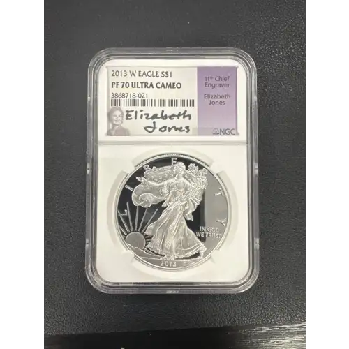 2013 W S$1 SILVER EAGLE PF70 UC SIGNED BY 11TH CHIEF ENGRAVER ELIZABETH JONES