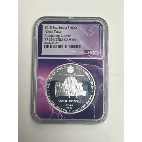 2018 1oz Serbia S100D Nikolai Tesla Alternating Current PF69UC