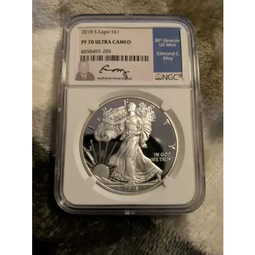 2018 S - SILVER EAGLE PF70UC SIGNED BY EDMUND C. MOY NGC