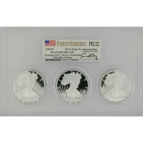 2018-W 3 pc Silver Eagle Set First Day of Issue Moy DC, Denver, Philly, DCAM