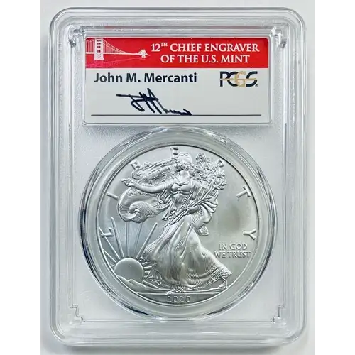 2020-S $1 Silver Eagle First Day of Issue Mercanti SF signature, DCAM