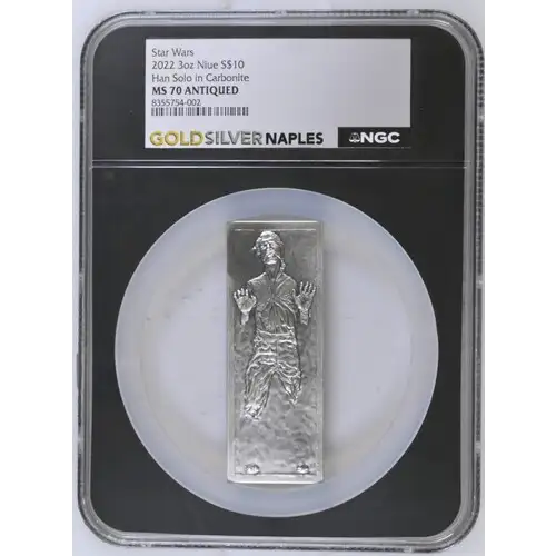 2022 3oz Niue S$10 Han Solo in Carbonite Star Wars MS 70 ANTIQUED