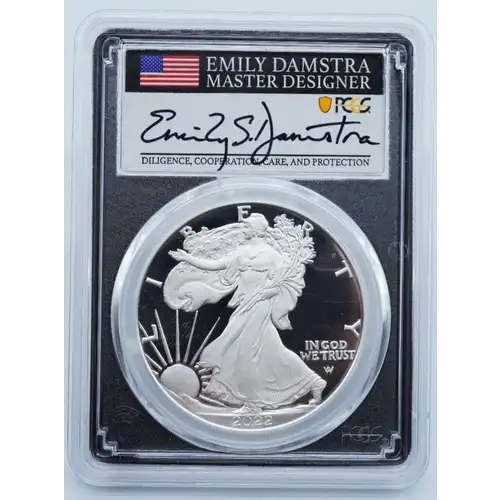 2022-S $1 Silver Eagle First Day of Issue Emily S. Damstra Flag, DCAM