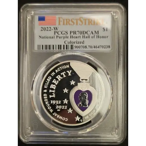 2022-W $1 National Purple Heart Hall of Honor Colorized First Strike, DCAM