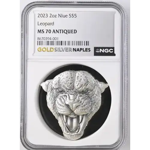 2023 2oz Niue Leopard S$5 MS 70 ANTIQUED