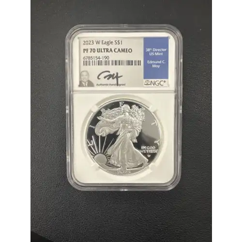 2023 W S$1 SILVER EAGLE DOLLAR PF70 UC SIGNED BY EDMUND C. MOY
