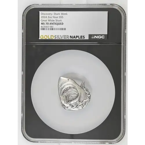 2024 2oz Niue Great White Shark S$5 MS 70 ANTIQUED