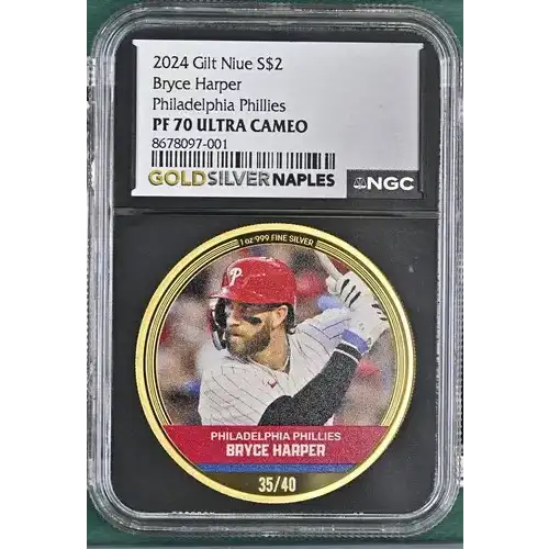 2024 Gilt Niue Bryce Harper Philadelphia Phillies S$2 PF 70 ULTRA CAMEO