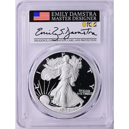 2024-W  $1 Silver Eagle Advanced Release Emily Damstra Flag , DCAM