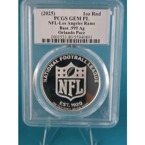 (2025) 1oz Rnd NFL-Los Angeles Rams Base .999 Ag Ultra Orlando Pace Orlando Pace