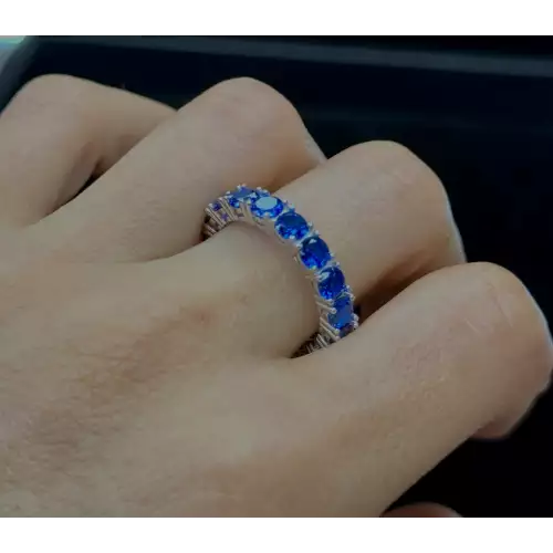 3.6 mm 7.65 Ctw Blue Saphire Silver Eternity Band 4.1g S 8