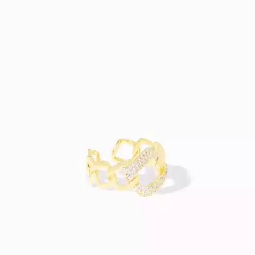 Gold Adjustable large curb ring w/baguette detail - Marlyn Schiff 