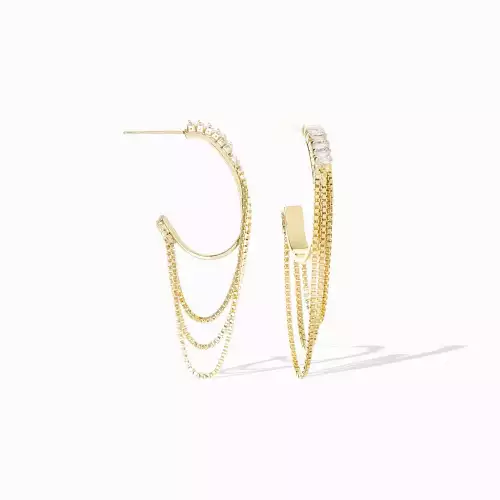Gold-Oval post hoop earring w/baguette and drop chain detail - Marlyn Schiff
