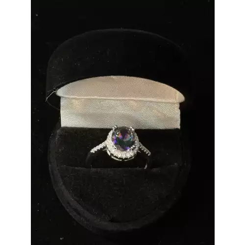 Oval Cut Mystic Topaz CZ w/Moissanite Halo Silver Ring 