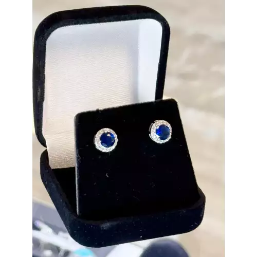 Royal Cut Blue Moissanite w/ White Moissanite Halo Stud earring St.Silver 