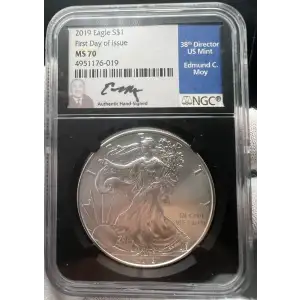 2019 Eagle S$1 MS70 First Day of Issue Signed by Edmund C. Moy