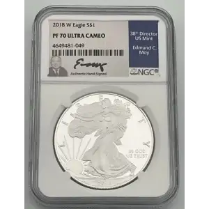 2018 W $1 SILVER EAGLE PF70UC SIGNED BY EDMUND C. MOY NGC