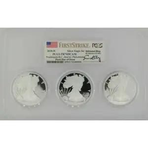 2018-W 3 pc Silver Eagle Set First Day of Issue Moy DC, Denver, Philly, DCAM