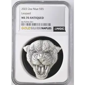 2023 2oz Niue Leopard S$5 MS 70 ANTIQUED