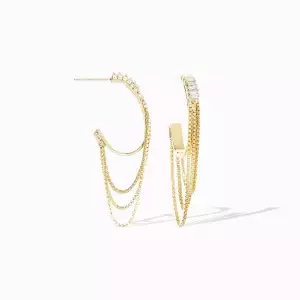 Gold-Oval post hoop earring w/baguette and drop chain detail - Marlyn Schiff