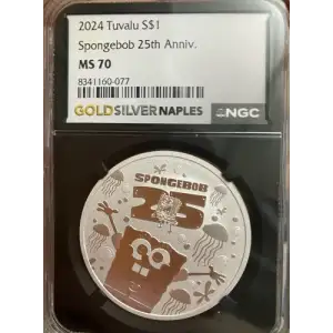 2024 Tuvalu S$1 Spongebob 25th Anniv. MS70 NGC