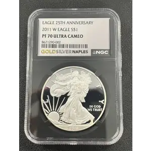 2011 W S$1 SILVER EAGLE PF70 UC EAGLE 25TH ANNIVERSARY NGC ENGRAVED BY THE 11TH CHIEF ENGRAVER ELIZABETH JONES Black label (2)