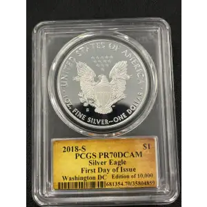 2018-S $1 Silver Eagle First Day of Issue Washington DC Cleveland Scroll Washington DC, DCAM