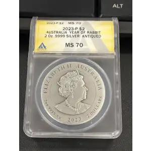 2023- P Australia - Year of the Rabbit 2 0z Silver Antiqued - Ms 70