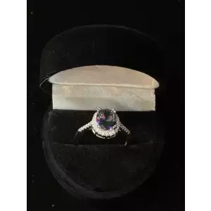 Oval Cut Mystic Topaz CZ w/Moissanite Halo Silver Ring 