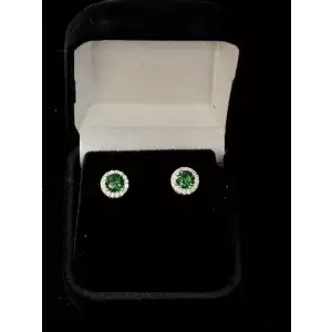 Round Cut Emerald Moissanite w/ White Moissanite Halo Stud Earring