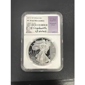 2013 W S$1 SILVER EAGLE PF70 UC SIGNED BY 11TH CHIEF ENGRAVER ELIZABETH JONES