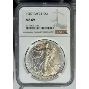 1987  1 oz Silver Eagle  NGC MS69 (LABEL MAY VARY)