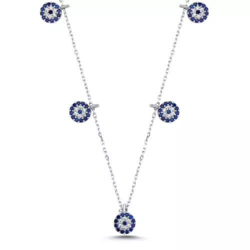 Stationed Evil Eye Necklace in Rhodium-Plated Sterling Silver